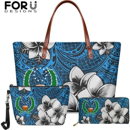 FORUDESIGNS Vintage Shoulder Bags And Pu Purse 2pcs Set Hawaiian Plumeria Polynesian And Pohnpei Print Female Handbags Totes Sac