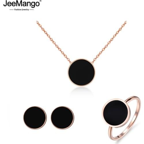 JeeMango Black Acrylic Titanium Steel Chokers Necklaces Chain Link Bracelets Stud Earrings Rings Sets Wedding Jewelry JSE001