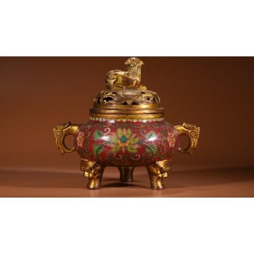 8"Chinese temple collection Old Bronze Cloisonne Enamel Lion statue Binaural Three-legged incense burner lotus Town House