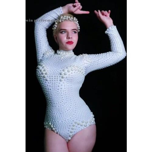 White Pearl Beading Bodysuit Jazz Dance Wear Evening Stage Show Performance Costume Prom Cheer Leading Outfit Bithday Bar Ds