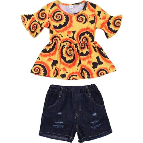 1-6Y Toddler Kid Baby Girl Summer 2Pcs Set Yellow Paisley Print Dress-Style Flared Short Sleeve Top+Denim Pocket Shorts