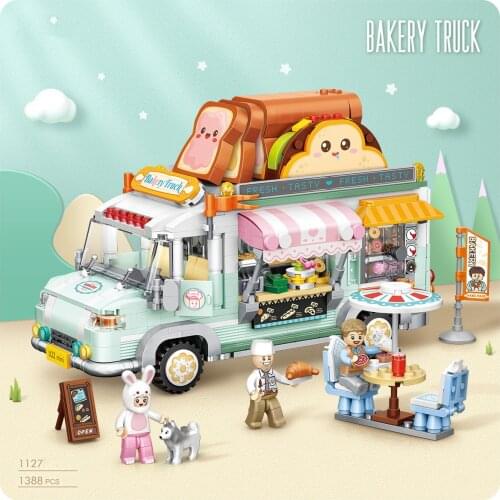 Disney world park vehicle mini block Disneyland bakery Bread fast food truck figures model building brick educational toy