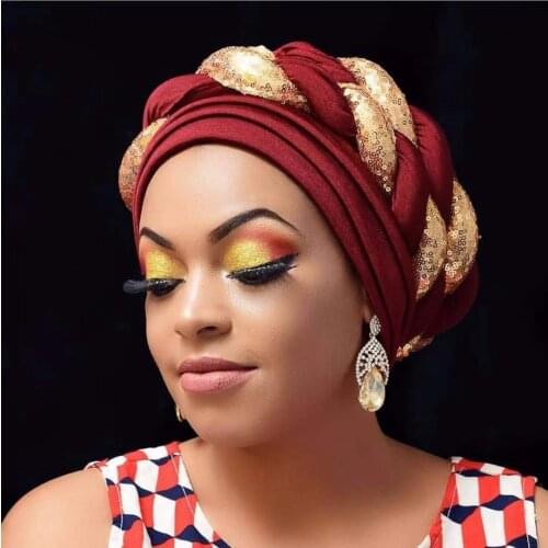 2021 Fashion African Auto Gele Headtie Sequins Braids Womens Turban Cap Muslim Headscarf Bonnet Ready to Wear Hijab Wedding Hat