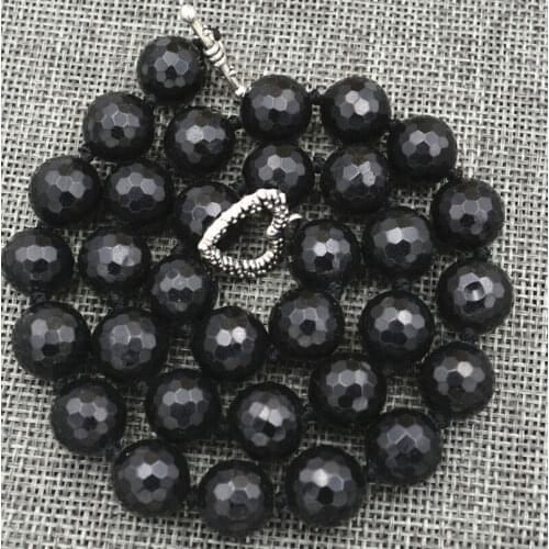 Natural 12mm Faceted Round Black Agate Necklac 17"