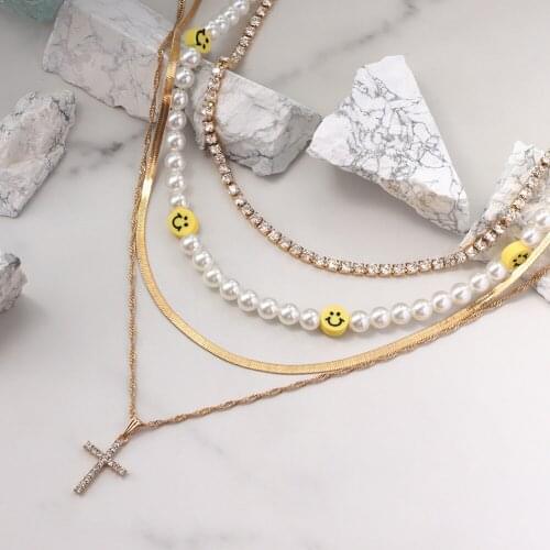 4 Pcs/Set Smiley Cross Pearl Beaded Necklace For Women White Pearls Rhinestone Metal Choker Necklaces Layered Charm Jewelry 2021