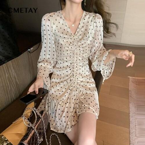 Sexy Lace Up V Neck Chiffon Mini Dress Women Polka Dot Party Dress Elegant Long Sleeve Autumn Dress 2021 Evening Gown Vestidos