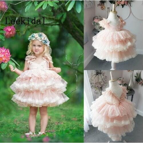 Pink Pageant Dress Spaghetti Strap Sleeveless Applique Lace Bow Sash Flower Girls Dress Custom Made Knee-length Kids Formal Wear