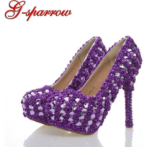 Purple Rose and Rhinestone Luxury Shoes Women Wedding Sheos Pretty Bride Wedding Party High Heels Genuine Leather Prom Pumps