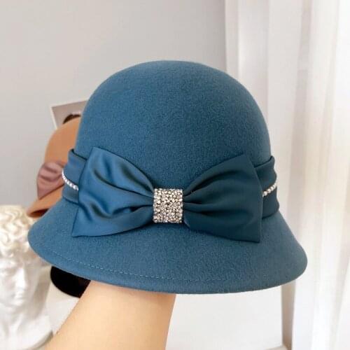 Japanese Designer Quality Wool Fedoras Hat For Women Satin Bowknot Basin Cap French Elegant Ladies Winter Church Wedding Top Hat