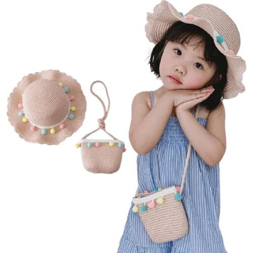Child Toddler Straw Sun Hat Handbags Kit Girls' Wide Brim Design DIY Weave Beach Bucket Hats with Shoulder Bag Set