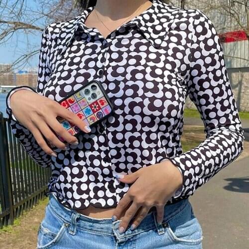 2021 Black White Geometric Print Short Blouse Spring Autumn Ladies Turn-Down Collar Single Breasted Long Sleeve Slim Shirt Tops