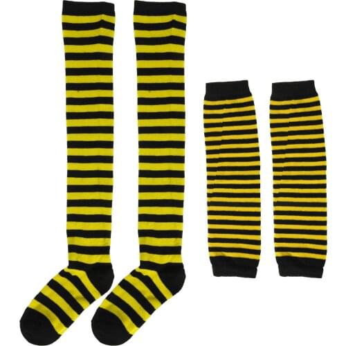 Women Striped Gloves Socks Set Cosplay Party Costume Thigh High Anime Style Stockings with Pinstripe Fingerless Arm Sleeve Glove