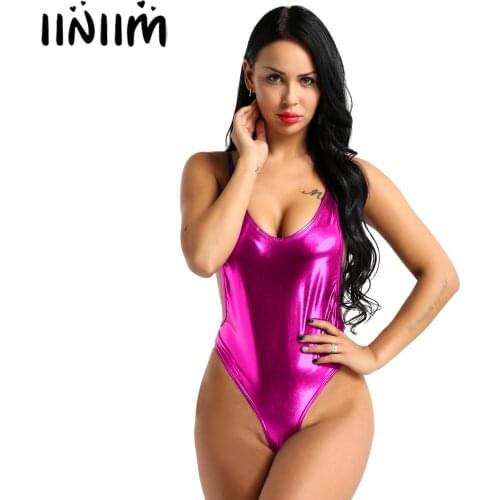 Womens Shiny Catsuit Metallic Lingerie Bodycon Bodystocking High Cut String Homme Femme Adult Leotard Bodysuit Sexy Clubwear