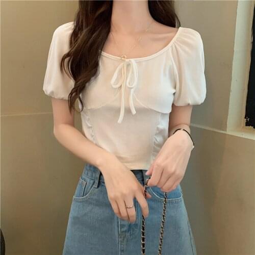 Summer 2021 New Bubble Sleeve Tops Girls T-shirt Design Short Sleeved Crop Top Lace Harajuku O-neck Womens Clothing White