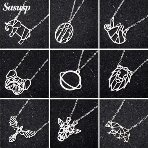 Sasusp Origami rhinoceros Lion Monkey Bear Necklace for Women Kids Stainless Steel Earth Eagle Pendant Necklace Choker