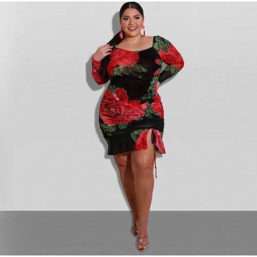XL-5XL Plus Size Clothes Women 2021 Summer New Floral Print Sexy Dress Long Sleeve Drawstring Bodycon Mini Dress New Arrivals
