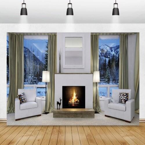 Winter Christmas Interior Living Room Fireplace Sofas Snow Mountain Scene Shoot Photography Background Photo Backdrop Photocall