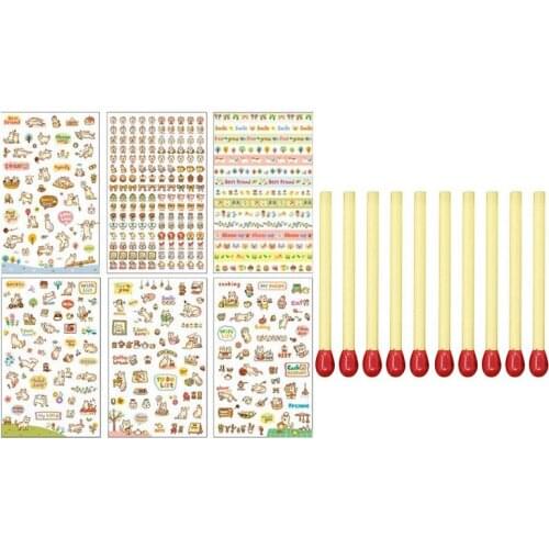 16 Pcs Accessories: 6 Sheet Pattern Cute Animals Stickers PVC DIY Decoration Diary Stickers & 10 Pcs Korean Matchstick Ball Pens