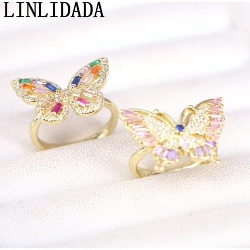 6Pcs wholesale cz butterfly rings,gold color fashion cz jewelry ring,cz adjustable ring