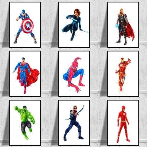 Watercolor Superhero Canvas Painting Marvel Avengers Spider Man Iron Man Posters and Prints Wall Art Pictures for Kids Room