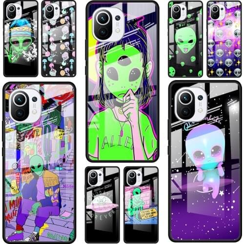 Cartoon Space Alien for Xiaomi Mi 11 Ultra Lite 10T Note 10 9T Pro CC9 CC9E 5G Luxury Tempered Glass Phone Case Cover