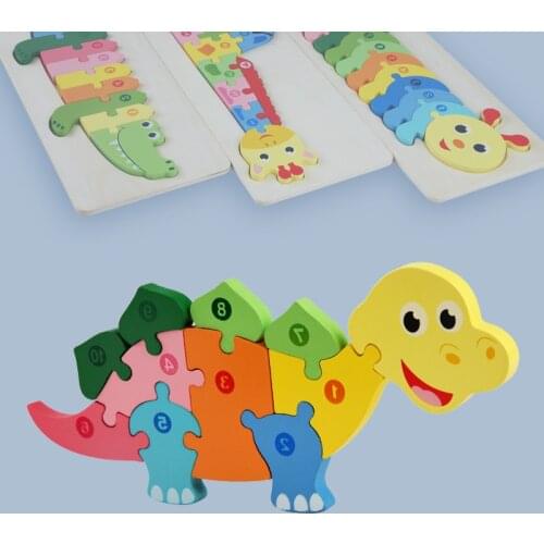 Wooden Lovely 3D Dinosaur Giraffe Animals Number Jigsaw Puzzle Children Kids Educational Toy Child Funny gift