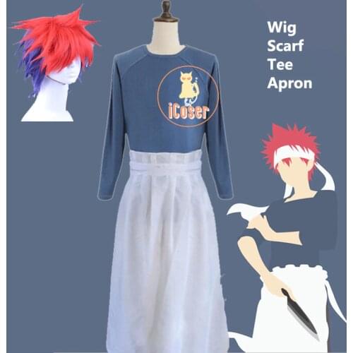Food Wars Yukihira Souma Cosplay Costume Shokugeki no Soma Suit Tops Shirt Apron Scarf Red Wig Chef Cosplay Uniform for Men