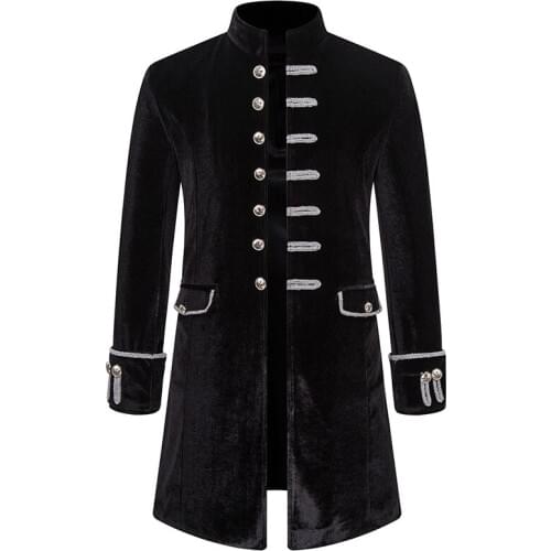 Men Black Velvet Trench Coat Medieval Gothic Steampunk Jacket Men Vintage Pirate Renaissance Formal Victorian Cosplay Costume
