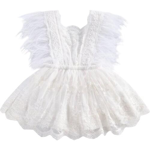 Summer Princess Toddler Baby Girls Lace Embroidery Romper Dress Sweet Baby Feathers Fly Sleeve Backless White Jumpsuit Rompers