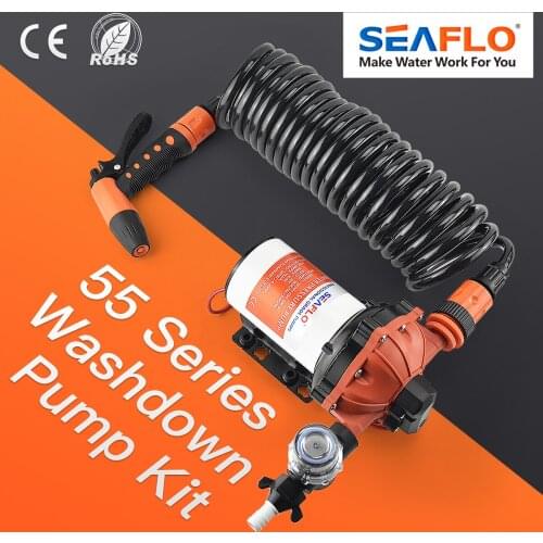 SEAFLO 55 Series Diaphragm Water Pump Our heavy-duty washdown kit 5.0GPM 60PSI 12V with 6.5m Coiled Hose On-Board