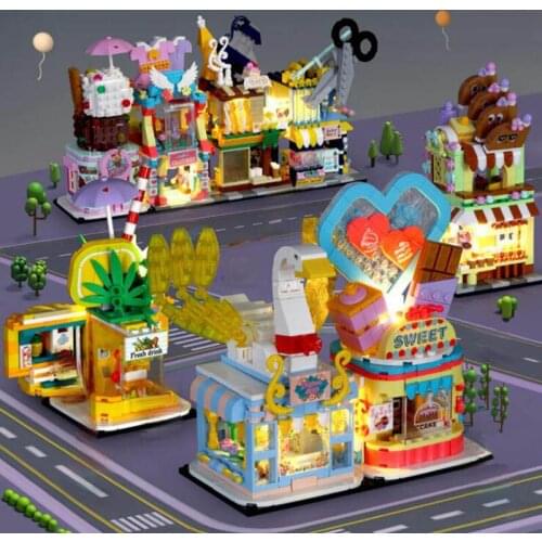 Mini City Street View Building Blocks With Led Light Cafe Ice Cream Store 3D Model Bricks Toys For Children Xmas Birthday Gifts