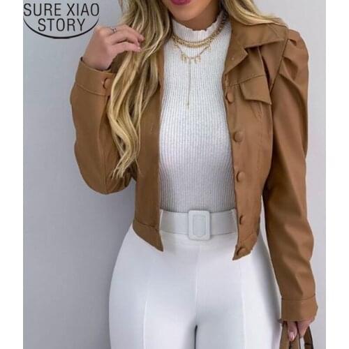Fashion Short Jacket Women PU Coat Turn Down Collar Cardigan Jackets Ladies Tops autumn and winter 2021 clothes female 12648
