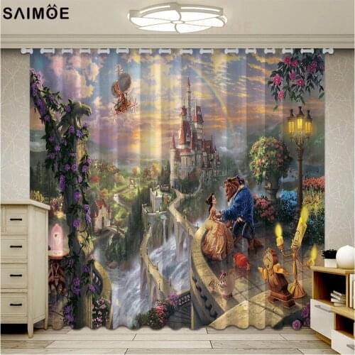 Cartoon Kids Window Curtains For Living Room Beauty And The Beast Printed Bedroom Blackout Curtains Ultra-thin Micro Shading