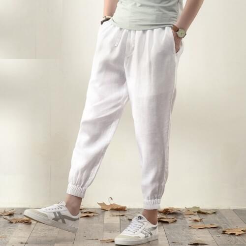 Mens Summer Lightweight Thin Casual Linen Pants Slim Fit Trousers Drawstring Elastic Waist Ankle Length Pencil Pants Man PT-333