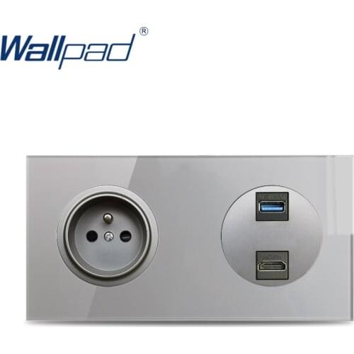 Wallpad French Wall Socket With HDMI USB 3.0 Connection Data Transmission Grey Crystal Tempered Glass Double Panel