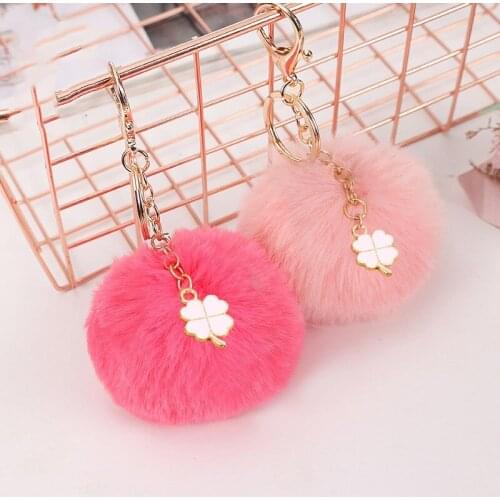 New four-leaf clover hair ball pendant 8cm imitation rex rabbit with clover hair ball keychain fluffy toy doll bag car charm key