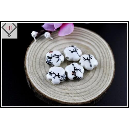 New Design Handmade Flower Porcelain Ceramic Beads 100pcs/lot Black Bamboo Hand Painted Jewelry DIY Spacer Loose Beads