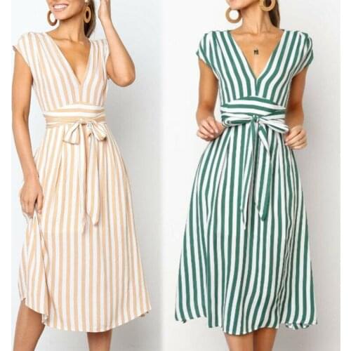 Womens Short Sleeve Striped Dress High Waist Elegant Long Party Dresses Summer Casual Dress