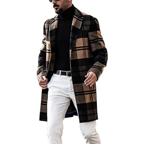 Casual Long Trench Coat Men Slim Fit Woolen Coats Homme Fashion Streetwear Long Jacket Coat Men Plaid Coat Vintage Hombre 2020
