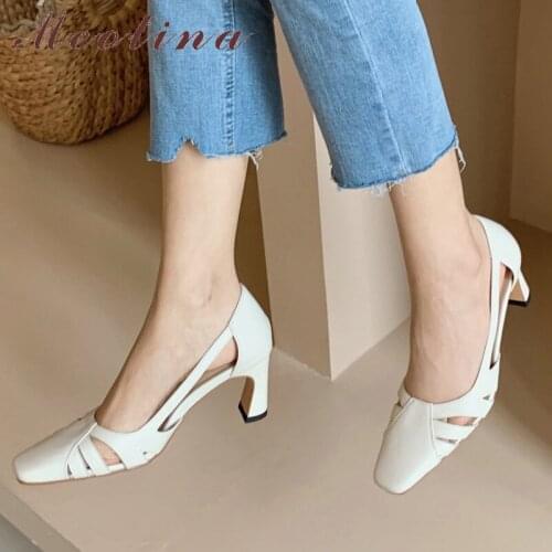 Meotina Genuine Leather High Heel Shoes Women Fashion Cutouts Pumps Square Toe Chunky Heels Shoes Slip On Dress Footwear Size 40