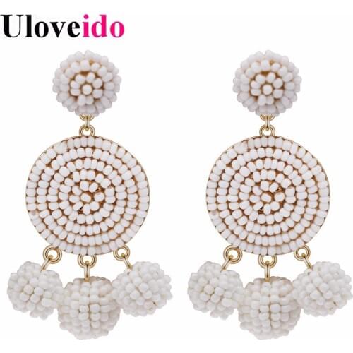 Uloveido White Earring Thread Wrapped Sead Bead Earrings for Women Handmade Stud Earings Wedding Jewelry Cute Girl Gifts HM003
