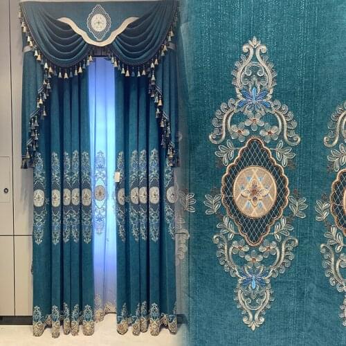 European Style Curtains for Living Dining Room Bedroom Blue Embroidered Curtains Valances Curtain Finished Product Customization