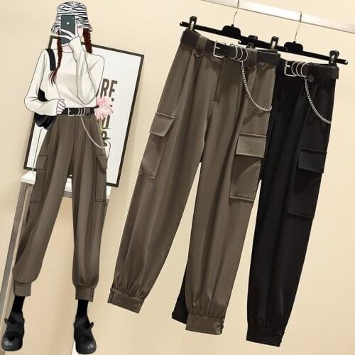 Women Pants New Autumn Spring Korean Ladylike Small Fresh Ankle-Length Pants Cargo Pants Casual Elastic Waist Solid Girls Pants