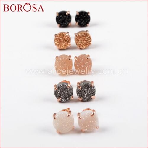 BOROSA 5Pairs Mix Colors 10mm Round Rose Gold Claw Titanium Multi-color Drusy Geode Natural Druzy Stud Earrings for Women ZG0132