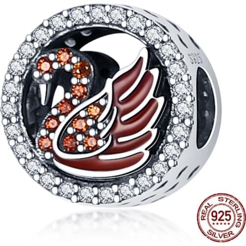 Round Swan Pattern With Brick Beads Genuine 925 Sterling Silver Fit 3mm Bracelet&Bangle For Women Birthday Fashion Jewelry Gift