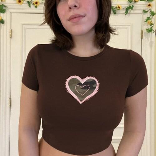 Womens Casual Heart Printed Crop Top Short Sleeve Round Neck Classic Style T-Shirt Summer Daily Wear Slim Fitting Shirt