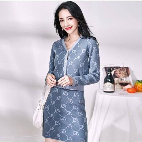 Autumn New Chic Office Ladies Single Breasted Pearl Buttons Cardigan Sweater+Mini Skirt Suit Women V-Neck Knitted 2 Piece Set