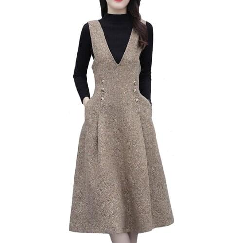 England Style Autumn Winter Women Midi Sundress Suspenders Vintage Woolen 2-piece set Dress Elegant Chic Vestido Mujer FC1398