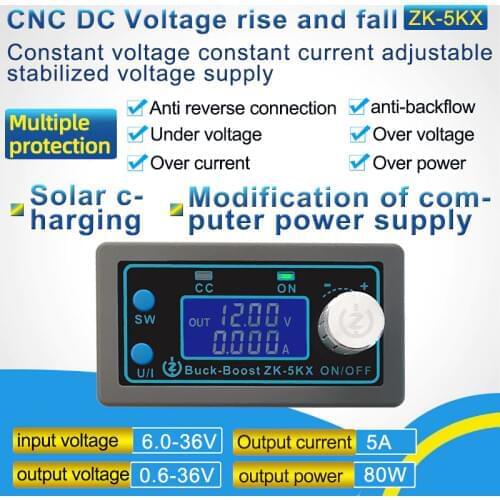ZK-5KX DC DC Buck Boost Converter CC CV 0.6-36V 5A 5V 6V 12V 24V 80W Power Module Adjustable Regulated laboratory power supply