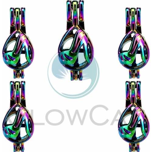 5X Rainbow Water Drops Cage Locket Pendant Jewelry DIY Bead Cage Aroma Essential Oil Diffuser For Oyster Pearl